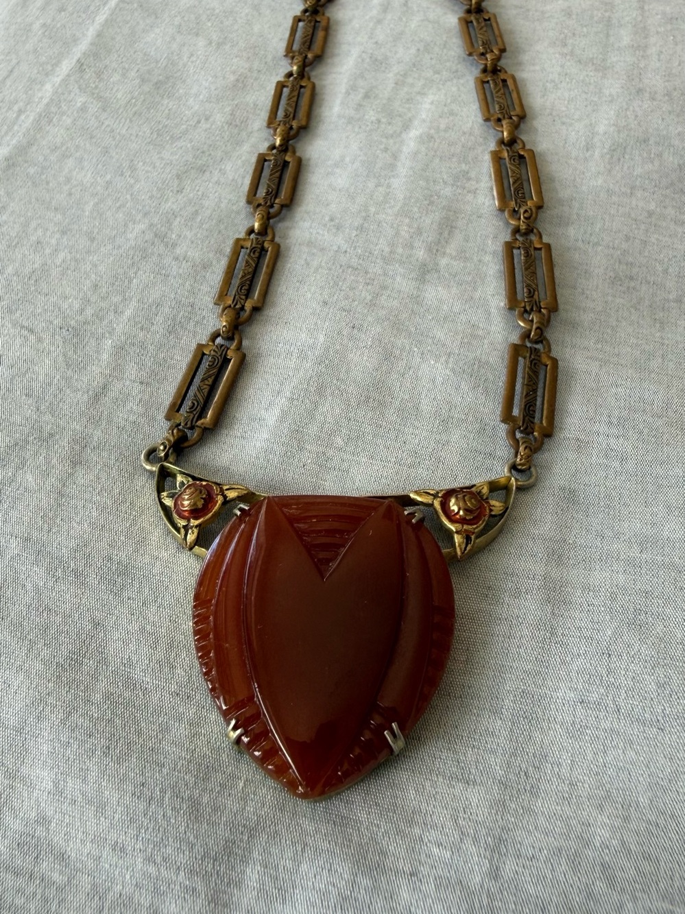 Vintage Art Deco Carnelian Glass and Brass Filigree Necklace